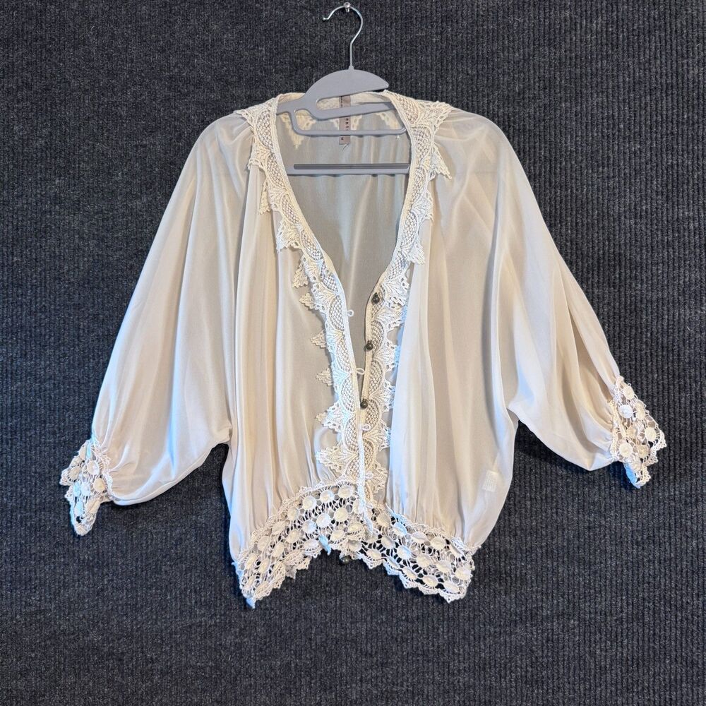 Entro Chiffon Ivory Button Down Blouse Lace Hem Size M